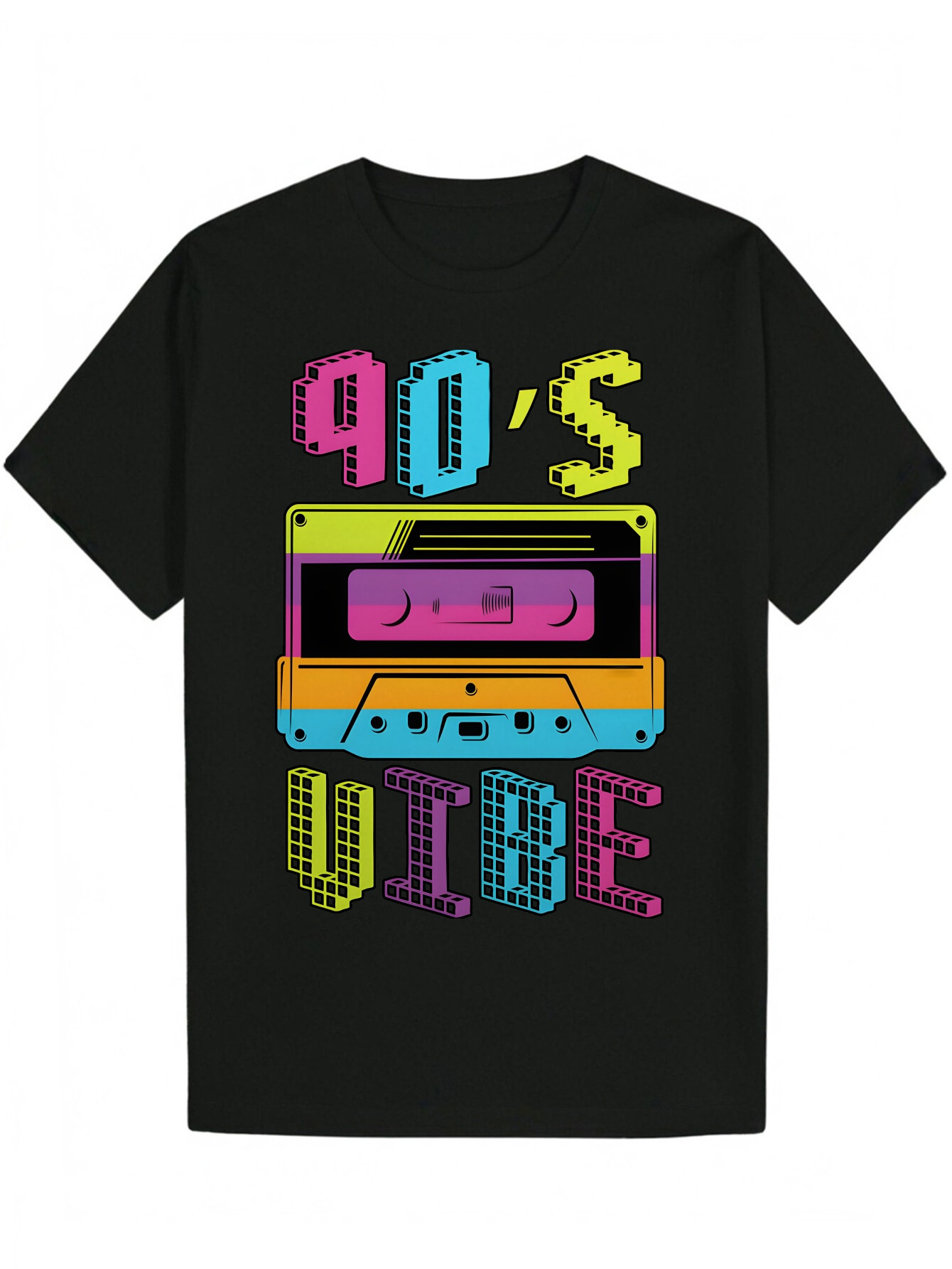 90s Cassette Tape Pattern - Black Polyester Crew Neck T-Shirt with '90s Text, Men's Summer Casual Style, Music Themed Clothing Vibrant Desig