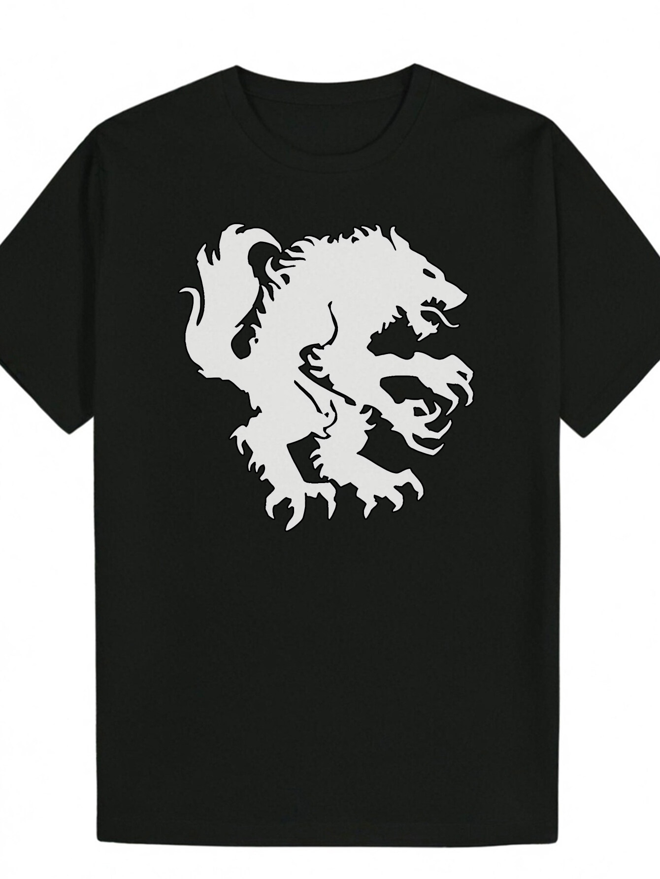 Men's Summer Casual Short Sleeve T-Shirt with Lion Pattern Print - Black and White Contrast Design, Breathable Polyester, Regular Fit, Machine Wa