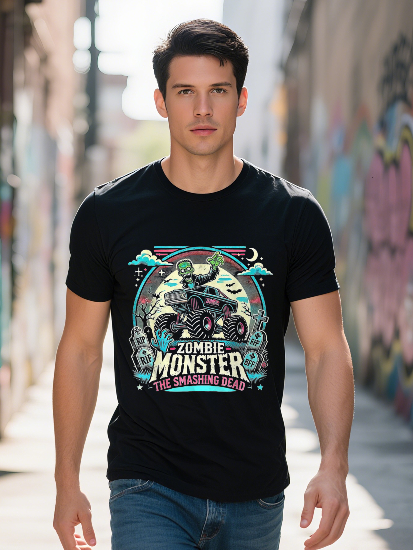 Men's 100% Cotton Zombie Monster Truck Graphic 220g Soft Short Sleeve T-Shirt Bold Cartoon Design Casual Wear 8ea6e
