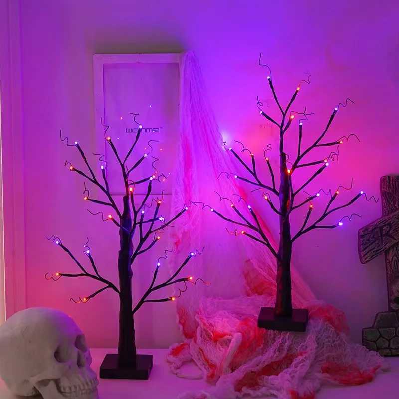 Halloween birch tree light orange purple 24 LED black branch tree string light USB/battery powered desktop holiday decoration XJ250804