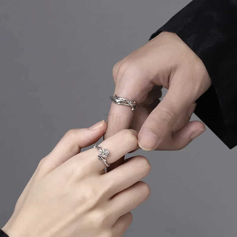 Fashion Goth Double Layer Rose Couple Rings for Men Women Retro Open Stainless Steel Thorns Punk Finger Ring Jewelry Y2k Gift U250805
