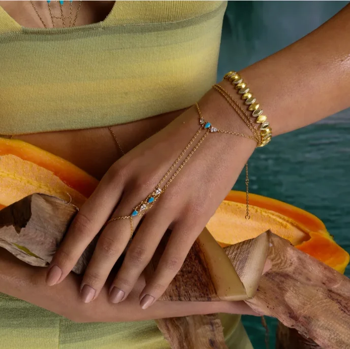 2025 New Summer High Quality Geometric Bezel Setted Blue Turquoises Stone Hot Fashion Jewelry Women Hand Chain Bracelet