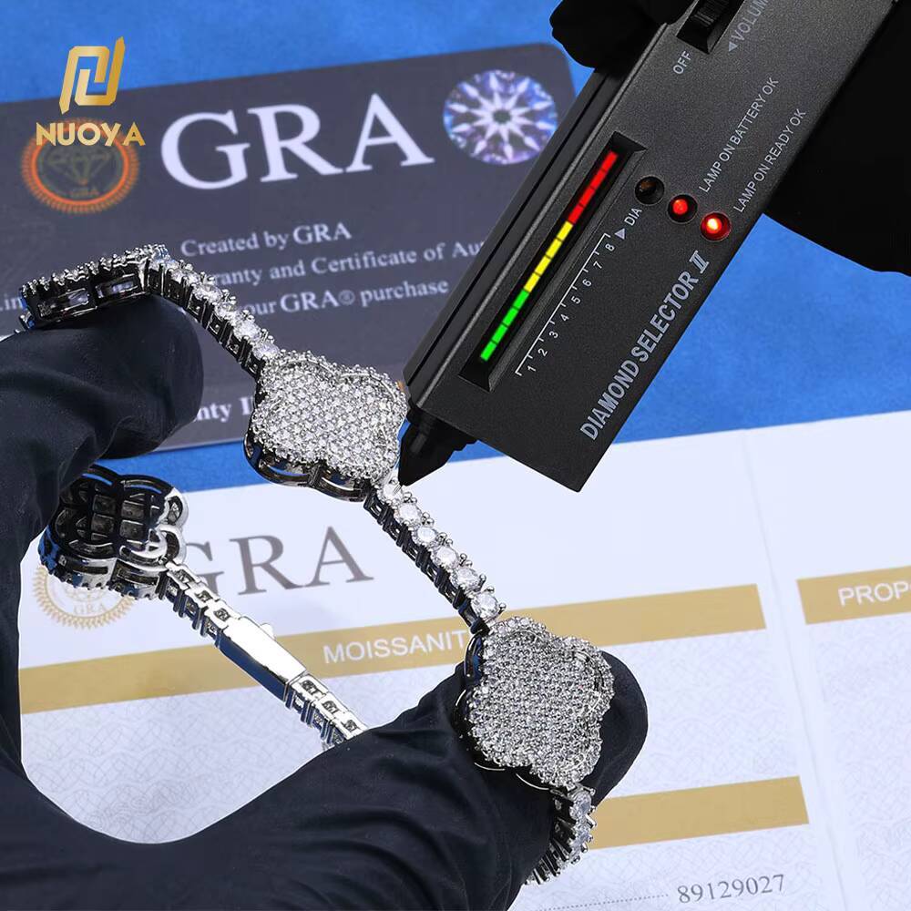 NUOYA Hip Hop Fine Jewelry 925 Sterling Silver Four-Leaf Clover White Gold VVS Moissanite Tennis Chain Bracelet for Women Gift