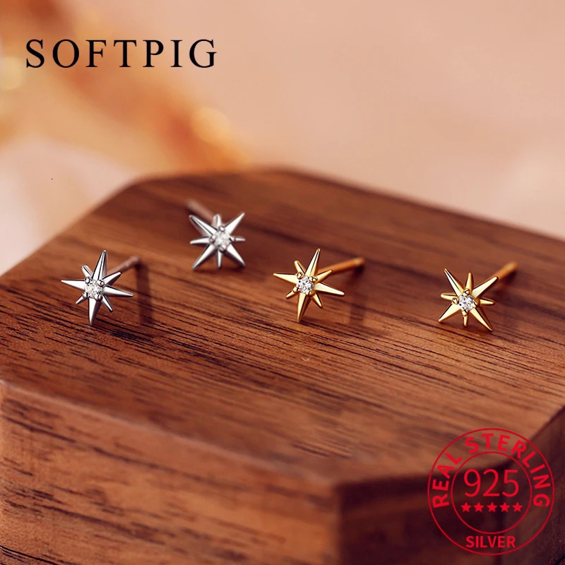 SOFTPIG 100% 925 Sterling Silver Zircon Star Stud Earrings for Women Classic Fine Jewelry Minimalist Accessories 250729