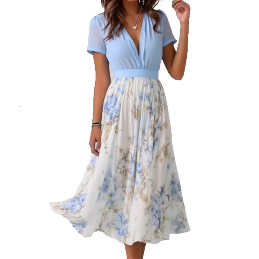 2025 European and American women's S fashion digital printed long sleeved trend V-neck patch long skirt dress, new designer dress