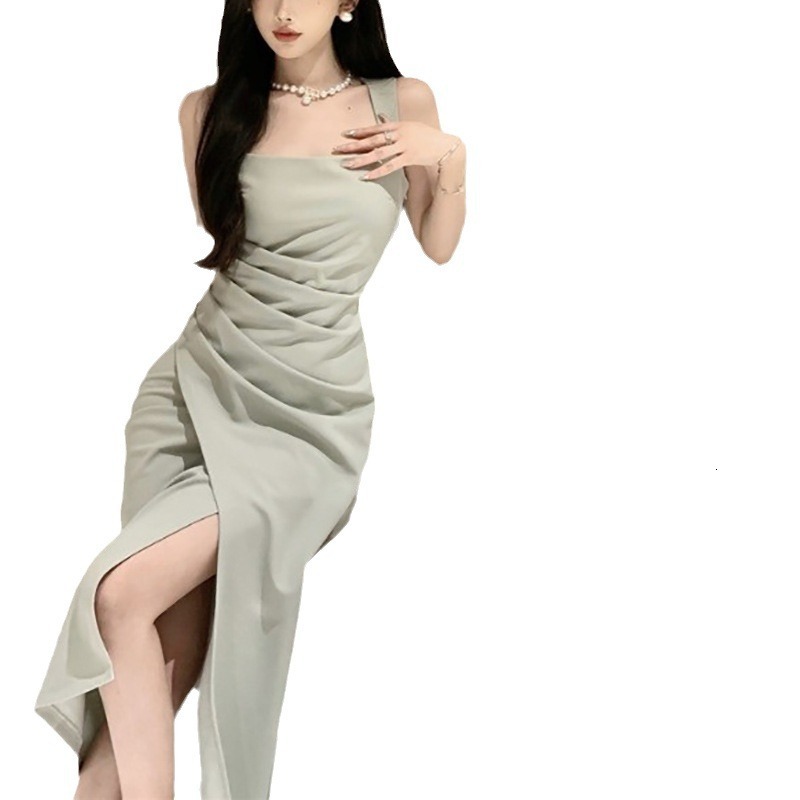 2025 Summer French Elegant Social High end Long Skirt fashion Summer New Slim Fit Slim Fit Square Neck Satin Dress New Designer Dress