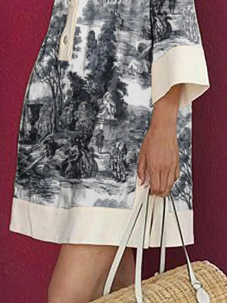 Yeezzi Female Vintage Elegant Printed Party Evening Mini Dresses 2025 Long Sleeves Loose H-line Lapel Shirts Dress For Woman 250728