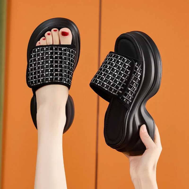 AUTUSPIN Summer High Heels for Women Leisure Fashion Slippers Female Wedges Platform Shiny Rhinestone Slides Ladies Shoes Tide W250805