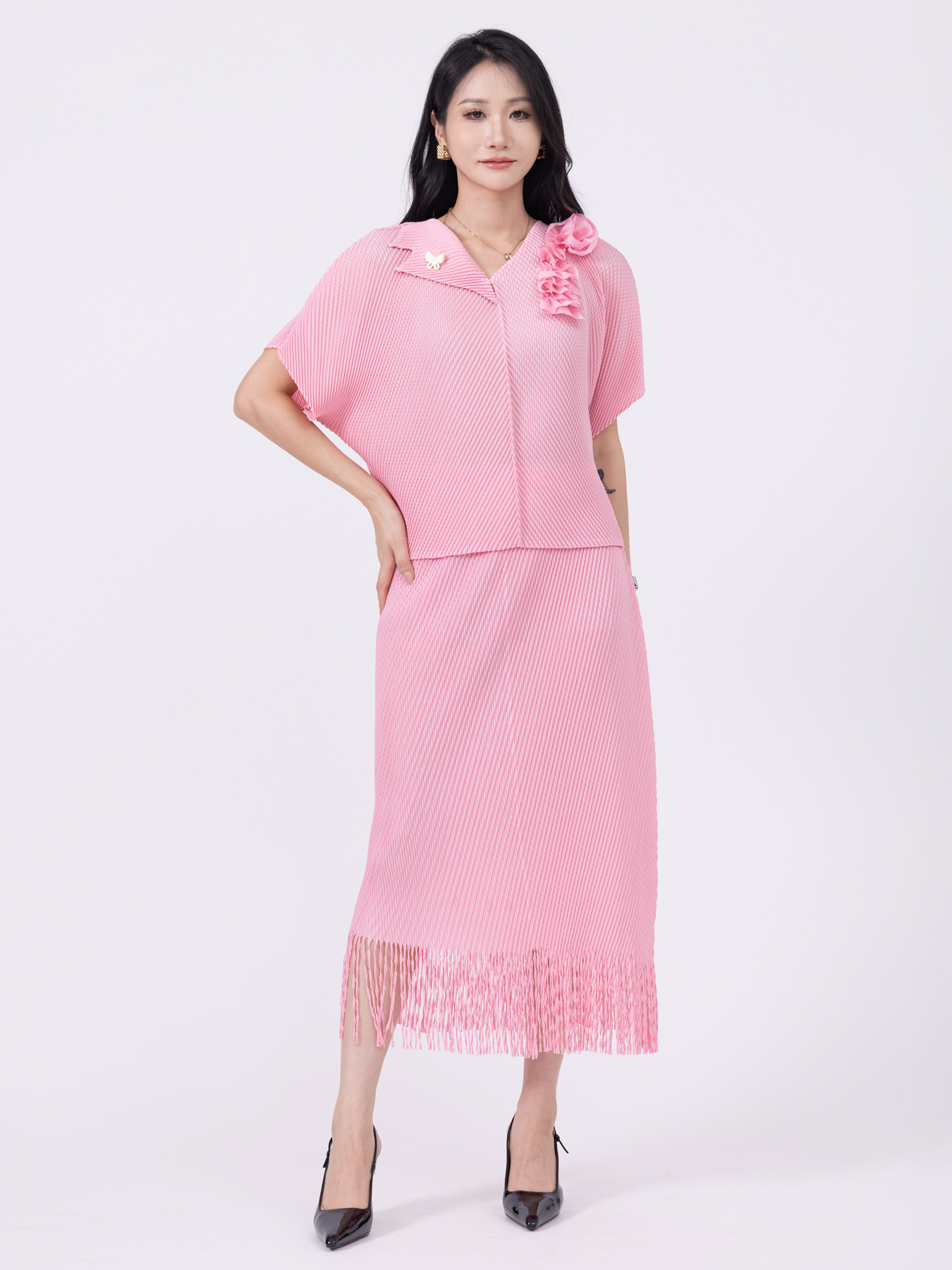Two Piece Dress Pleated two-piece suit dress Chic Women's Pleated Ensemble: A Dapper Two-Tiered Suit Outfit for Any Occasion ZR003