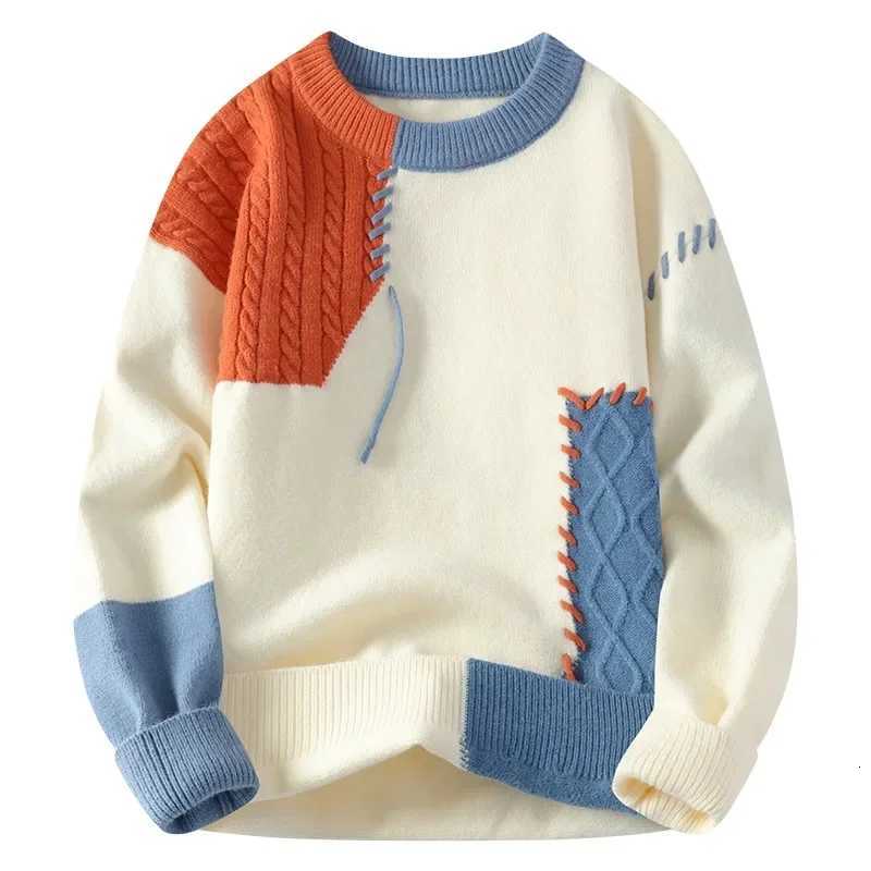 Men Knitted Jumpers Patchwork Sweater O Neck Pullovers Spliced Long Sleeve Jumper Slight Stretch Standard Wool 2024 Casual XJ250805