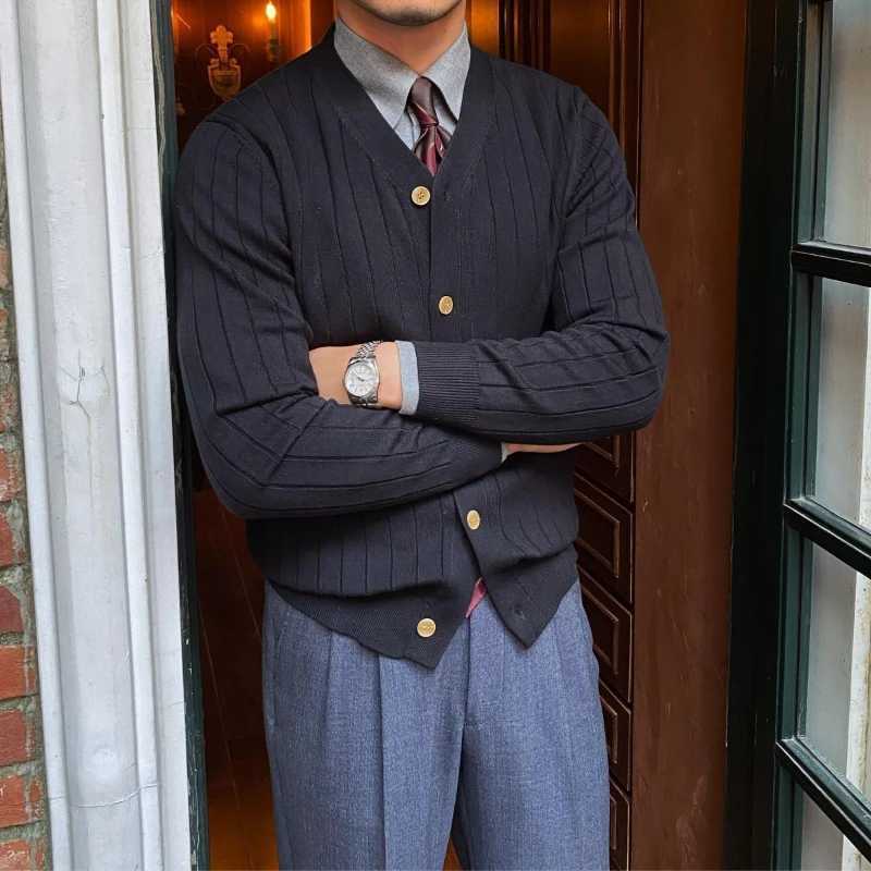 Japan Style Trend Autumn Cardigan Sweaters Men Clothing V-Neck Solid Button Business Casual Office Long Sleeve Slim Knitted Tops XJ250805