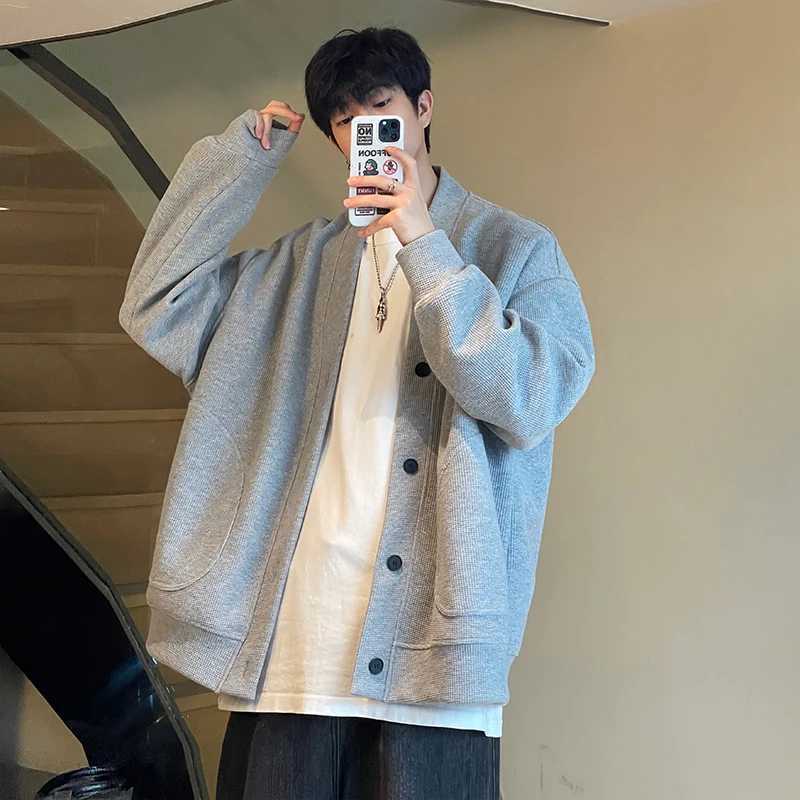 Spring New Mens Trendy Cardigan Black O-neck Long Sleeve All-matched Knitted Sweatshirts Japanese Lazy Loose Solid Sweater XJ250805