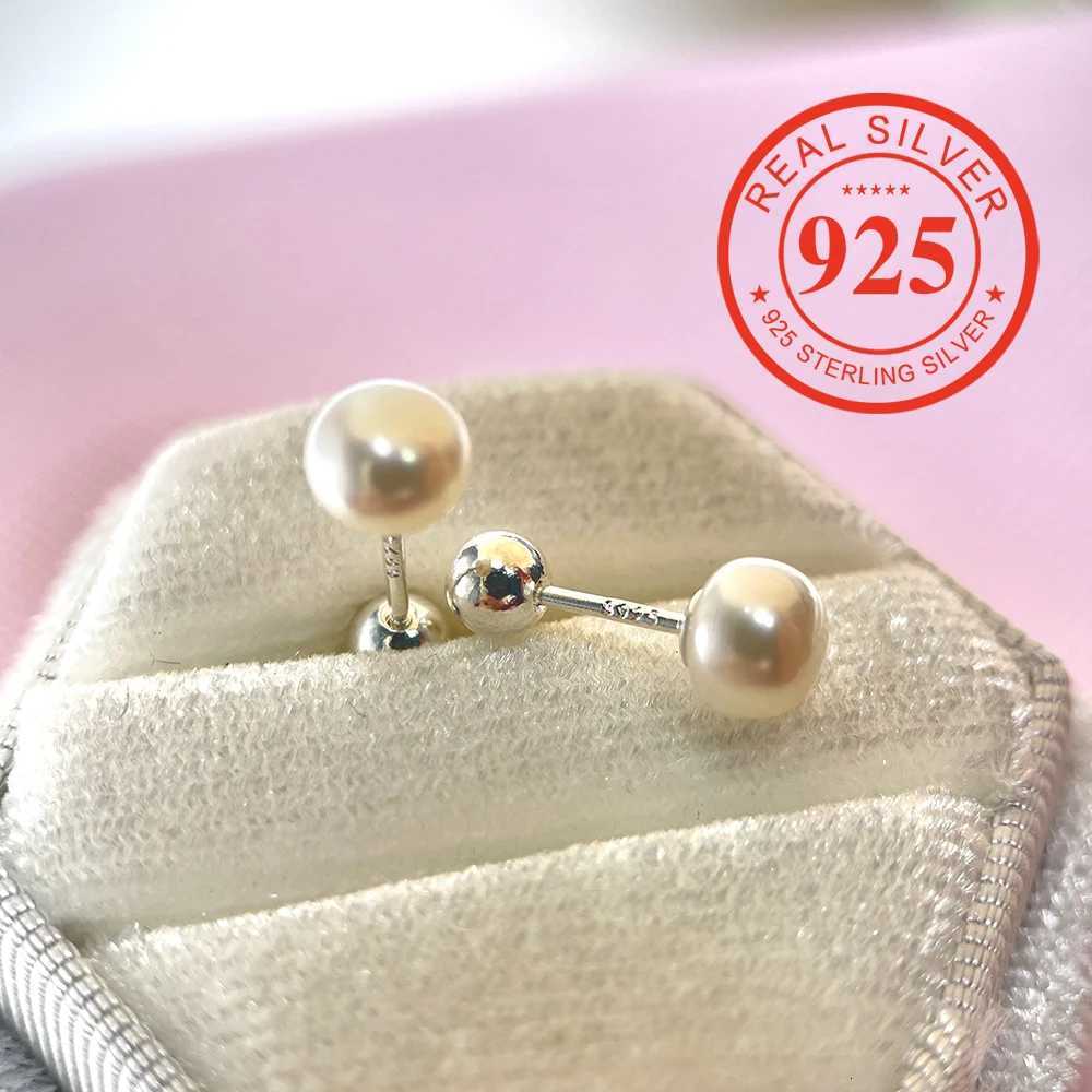 925 Sterling Silver Bread-type Natural Freshwater Pearl Screw Back Stud Earrings for Women Girls Piercing Jewelry Y250804