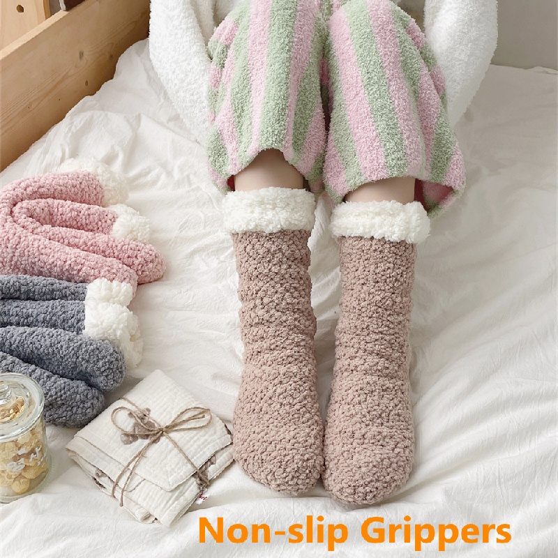 1 pair of anti slip floor socks, women's mid tube socks, autumn and winter warm socks, plush socks, sleep socks Home carpet socks