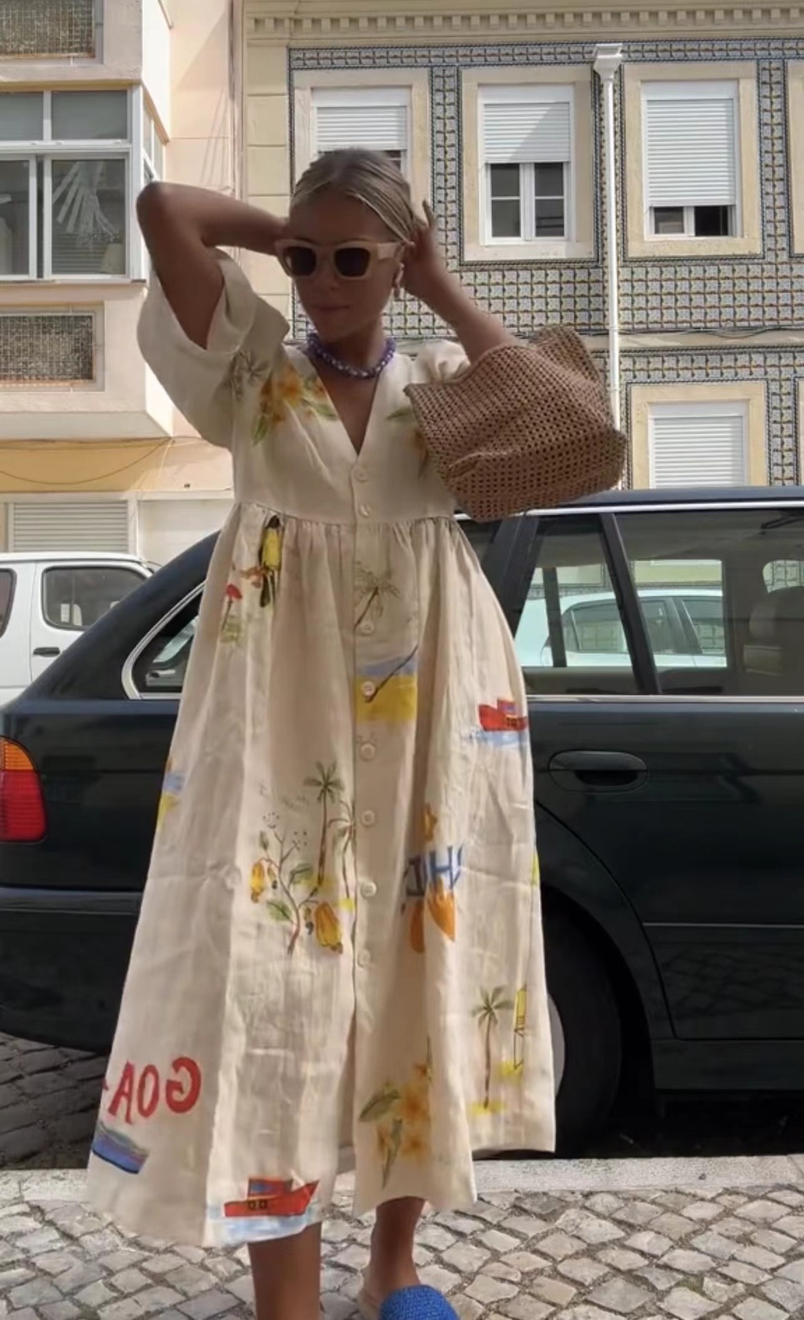 2025 Fashion Printed V-neck Cute Short sleeved Loose Dress trend Spring/Summer New Style European and American Loose Dress New Designer Dress