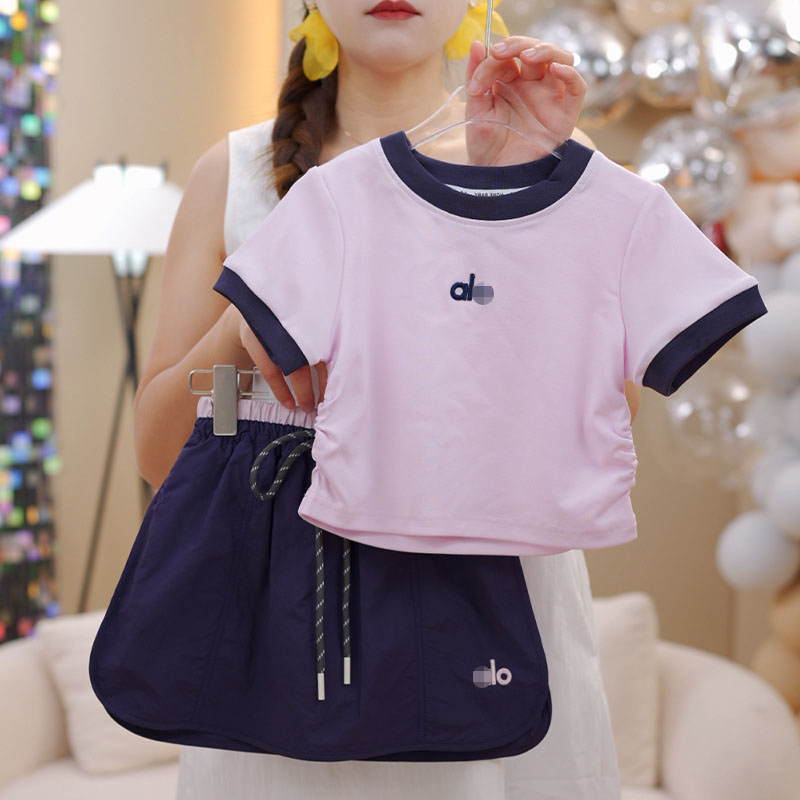 Contrast Trim Kids Two Piece Set aIo Designer Short Sleeve TShirt + Drawstring Shorts