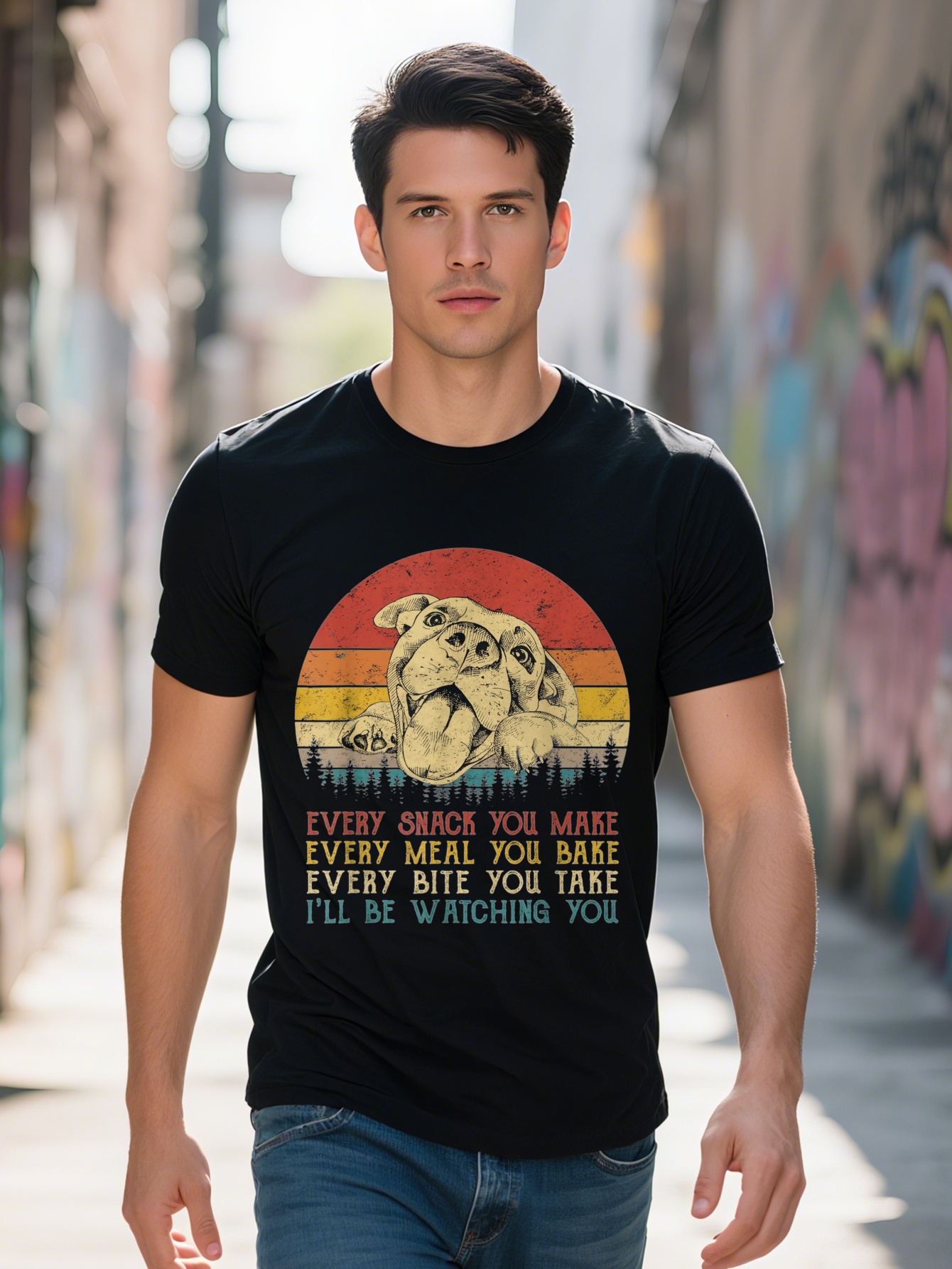 Men's 100% Cotton T-Shirt with Playful Pitbull Graphic - Every Snack You Make, I'll Watch Dog Lover T-Shirt, Casual Crew Neck, Short Sleeve,