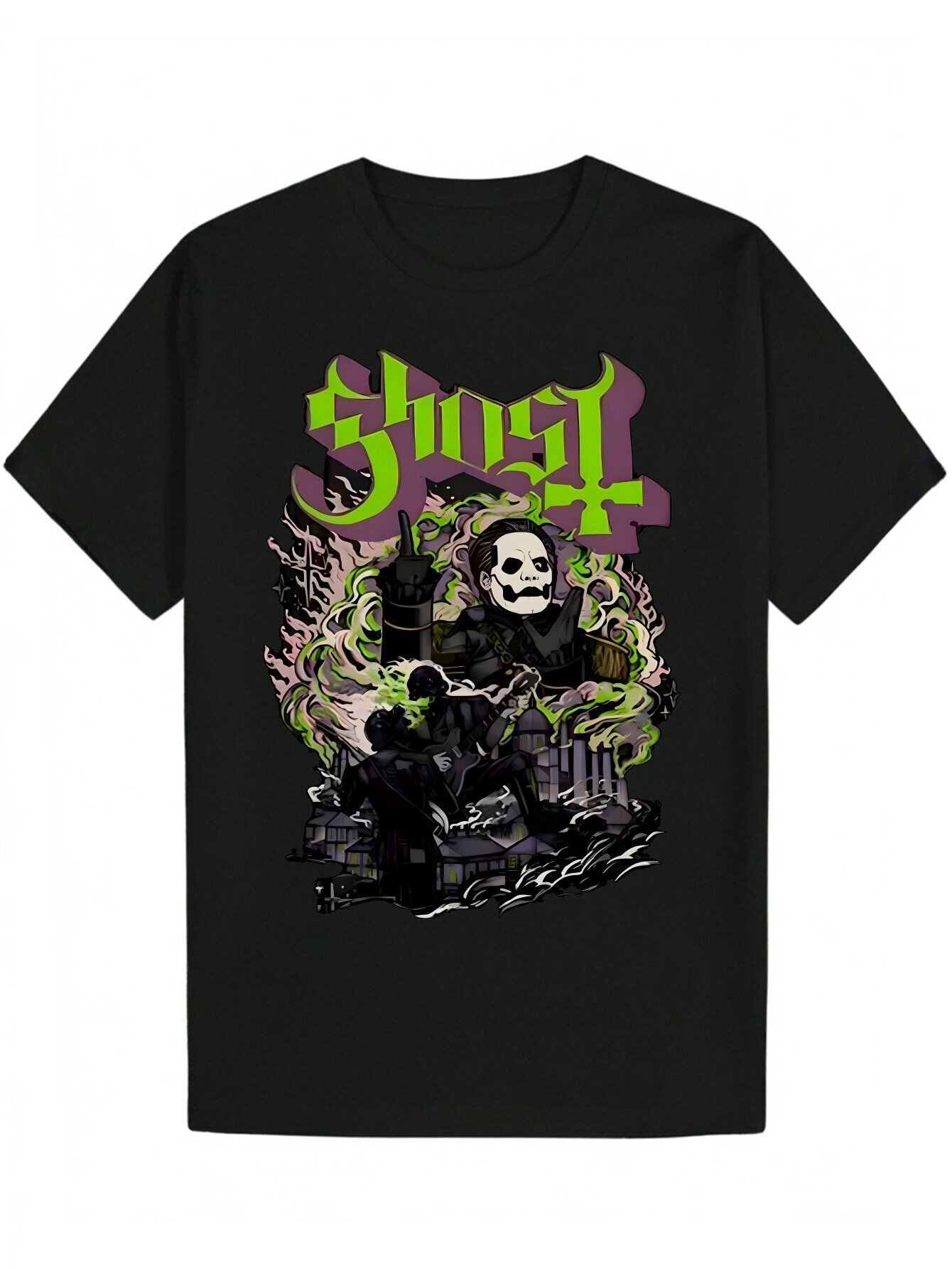 Men's Summer Casual T-Shirt - Black Wave Skull and Flame Portrait Design with Neon Shades, Lightweight Polyester Fiber, Round Neck, Machine Washa