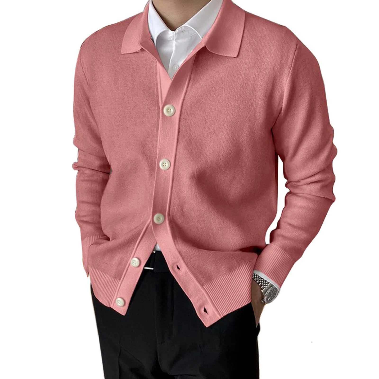 Mens Autumn Winter Knitwear Coat Long Sleeve Lapel Button Up Solid Color Cardigan Sweater XJ250805