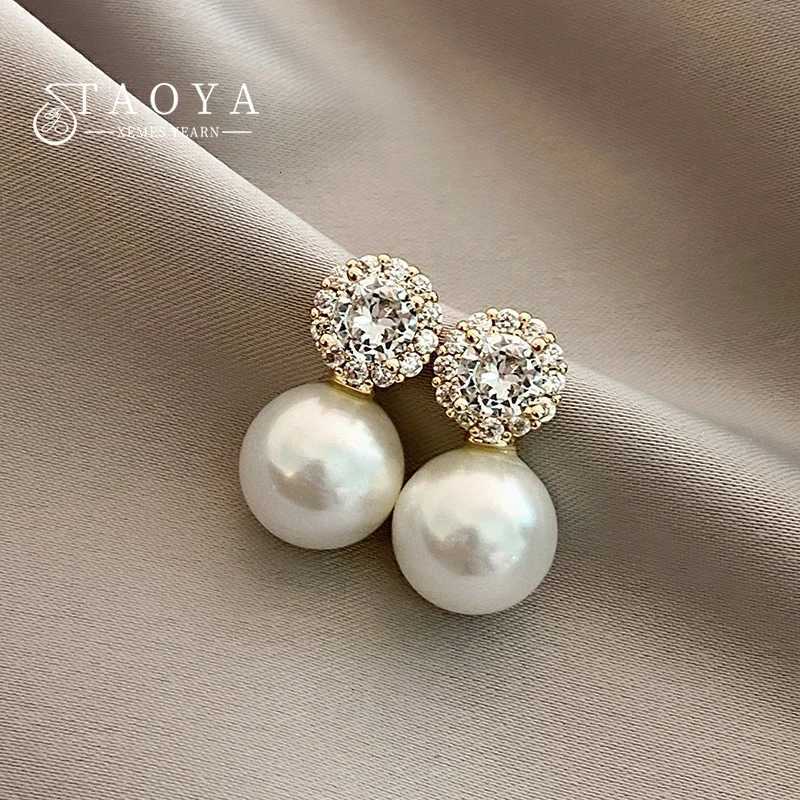 Girls French Romantic Simple Inlaid Zircon Round Pearl Earrings 2025 New Fashion Jewelry Luxury Accessories for Womens Ear Studs Y250804