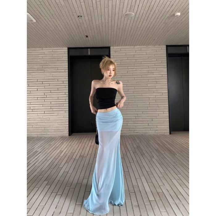 2025 black shorts sexy pure desire strapless slim fit chiffon mesh half skirt mermaid long skirt women's summer two-piece fashion set fashionable