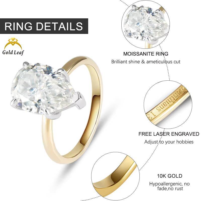 Goldleaf GRA Certificate 5.0CT D VVS1 Pear Cut 10K Solid Gold Moissanite Ring Fine Jewelry Rings