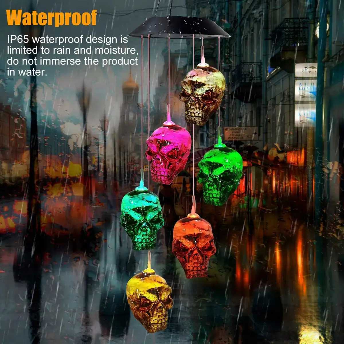 1pc 6LED Halloween Skull Head Solar Wind Chime Lights Solar Operated Color Changing Hanging Garden Lights Suitable for Bar Decoration XJ250804
