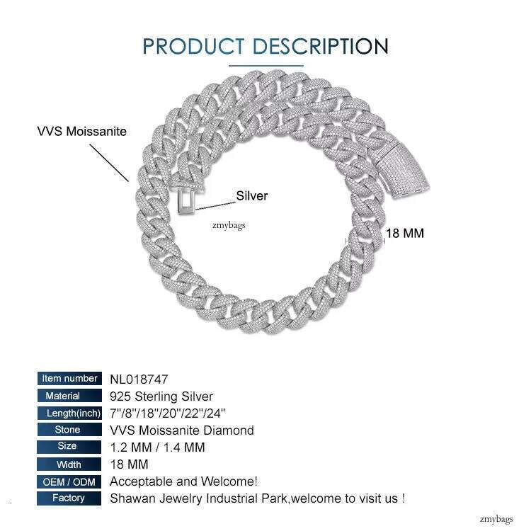 18MM VVS Moissanite Iced Out Dia Gold Color Sterling Sier Men Necklace Hiphop Cuban Link Chain