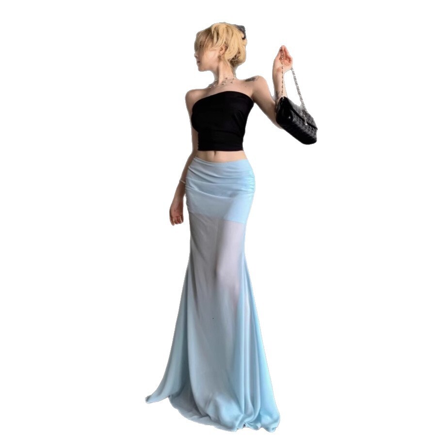 2025 black shorts sexy pure desire strapless slim fit chiffon mesh half skirt mermaid long skirt women's summer two-piece fashion set fashionable