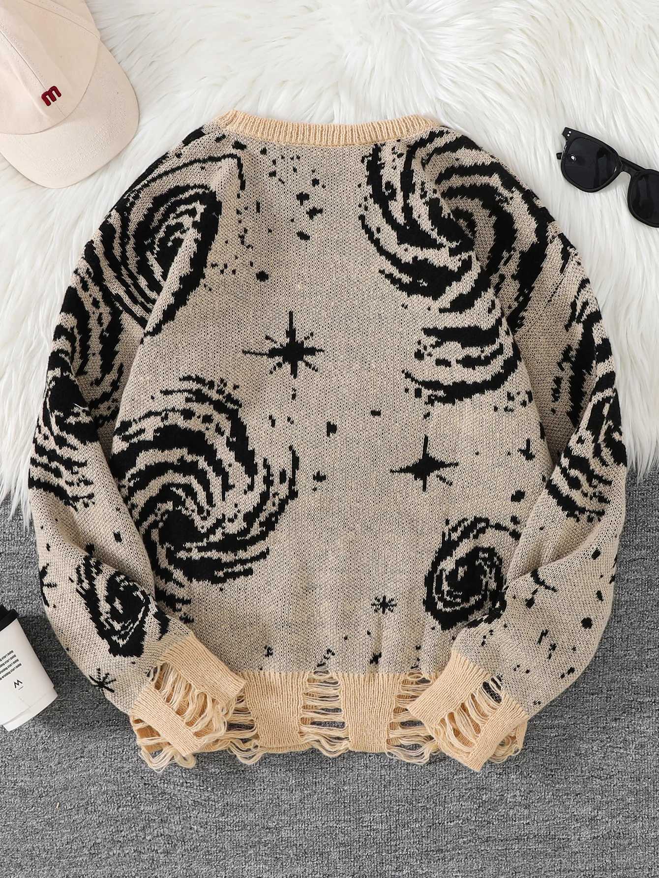 New Popular Street Ripped Abstract Starry Sky Pattern Pullover Ripped Sweater Casual Round Neck Knitted Mens Pullover XJ250805