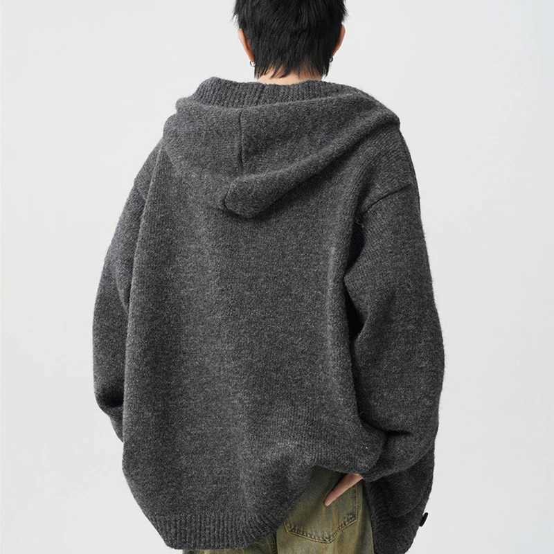 Winter Gray Woolen Knitted Cardigan Hooded Sweater Mens Pockets College Fashion Knitwear Jacket Y2K Vintage Jumpers Hombre XJ250805