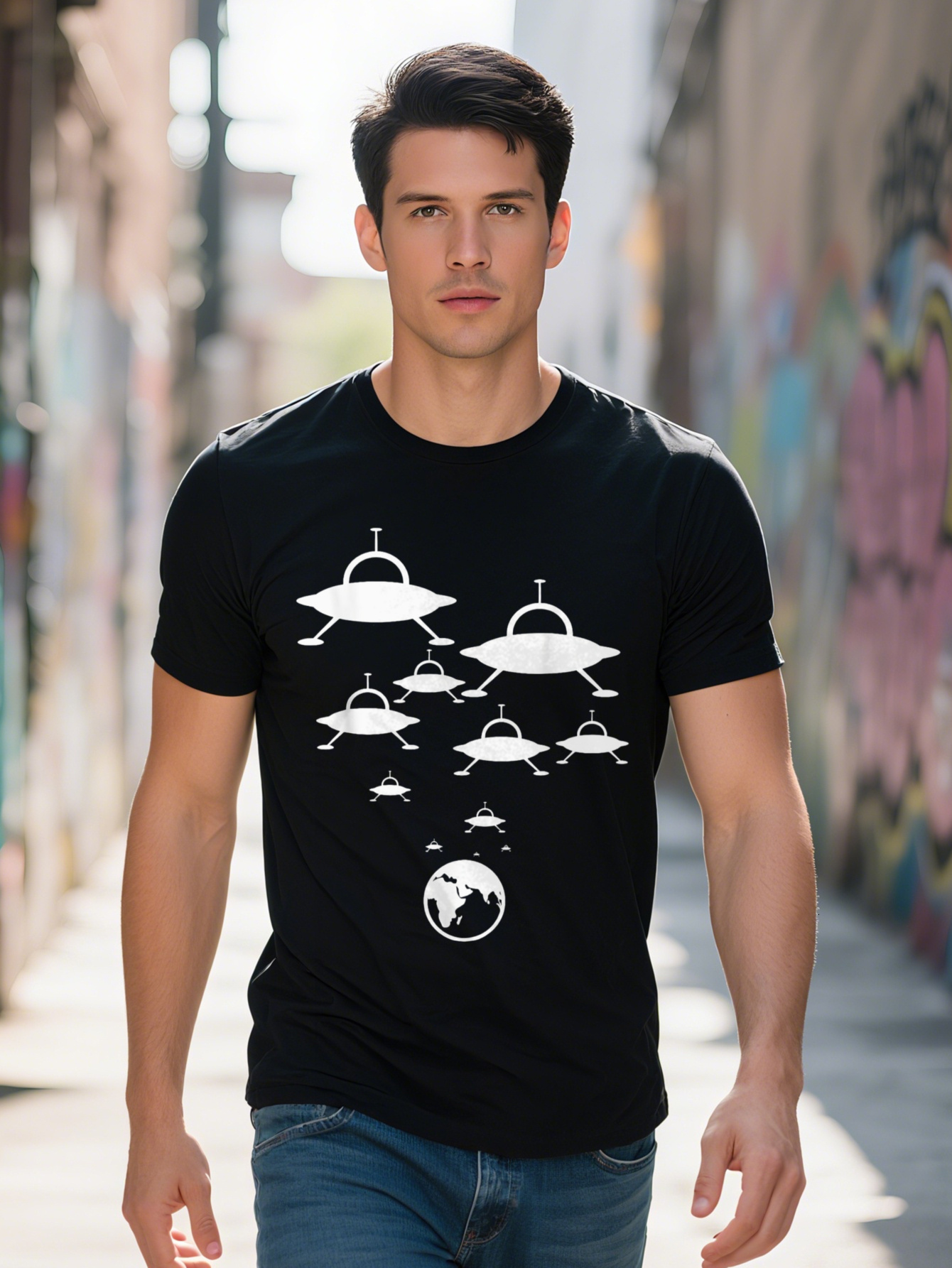 100% Cotton UFO Pattern T-Shirt Men - Alien Spaceships & Earth Design, Black and White Print, Crew Neck T-Shirt, Suitable for Casual Wear 6a30d