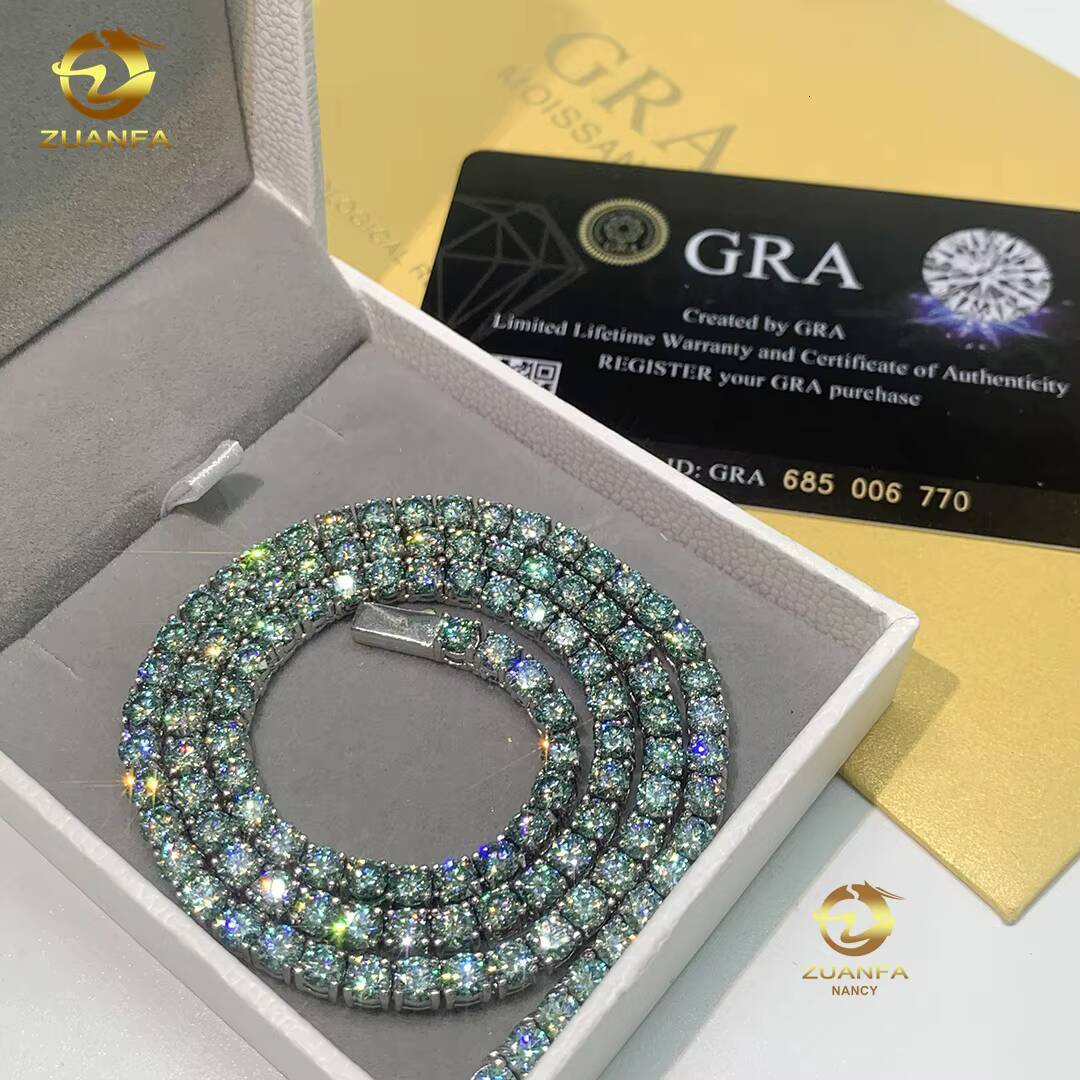 Hot Sale 3mm 4mm 6.5mm S925 Sterling Silver Gold Plated Blue Green Diamond Necklace Moissanite Tennis Chain