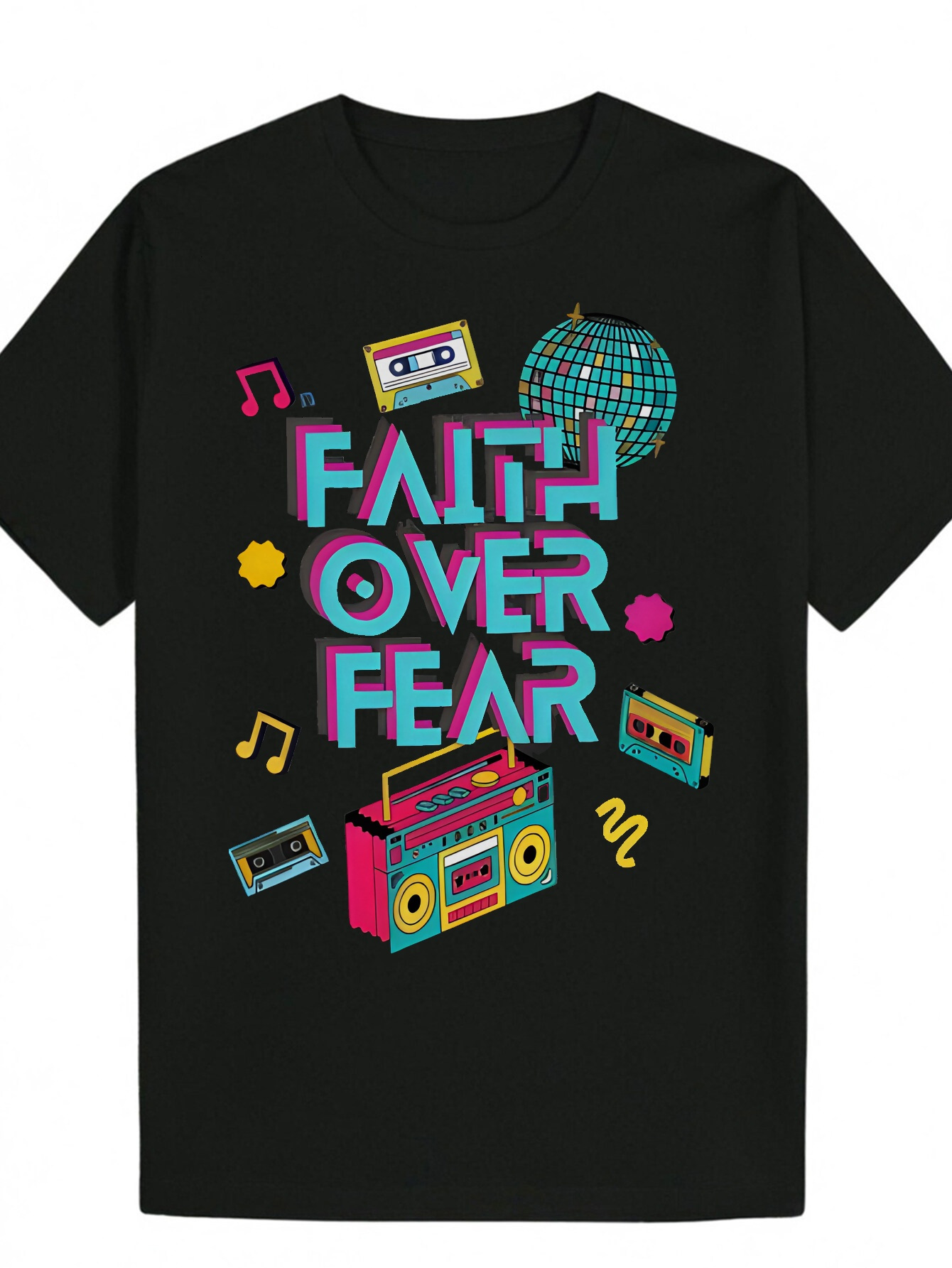 Men's Summer Casual Graphic T-Shirt - Faith Over Fear Bold Lettering with Music Icon, Black Polyester T-Shirt, Regular Fit, Machine Washable 2d60