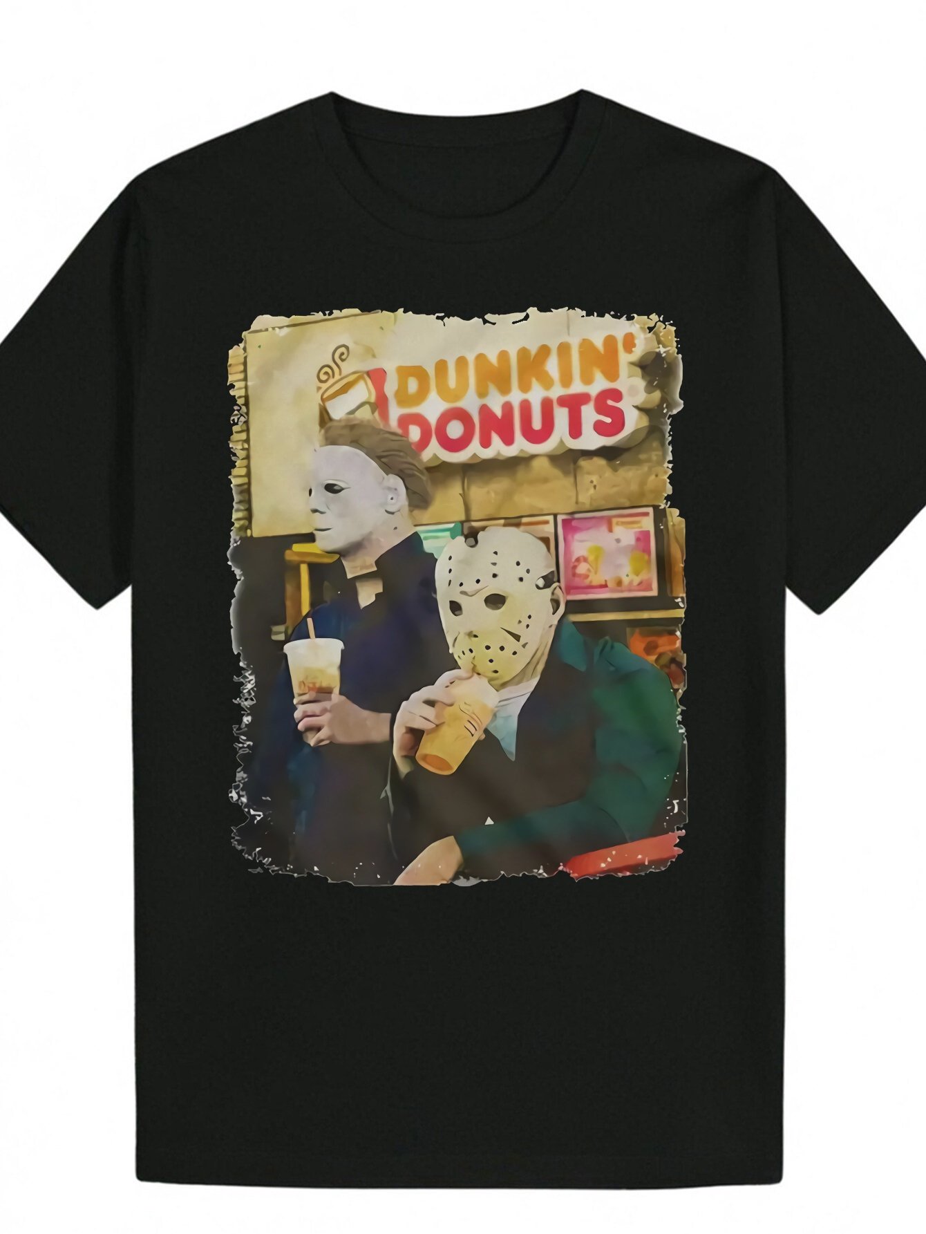Men's Black Short Sleeve T-Shirt - Donuts Pattern Print with Friday the 13th Hockey Mask Design, Lightweight Polyester Crew Neck Summer T-Shirt, 