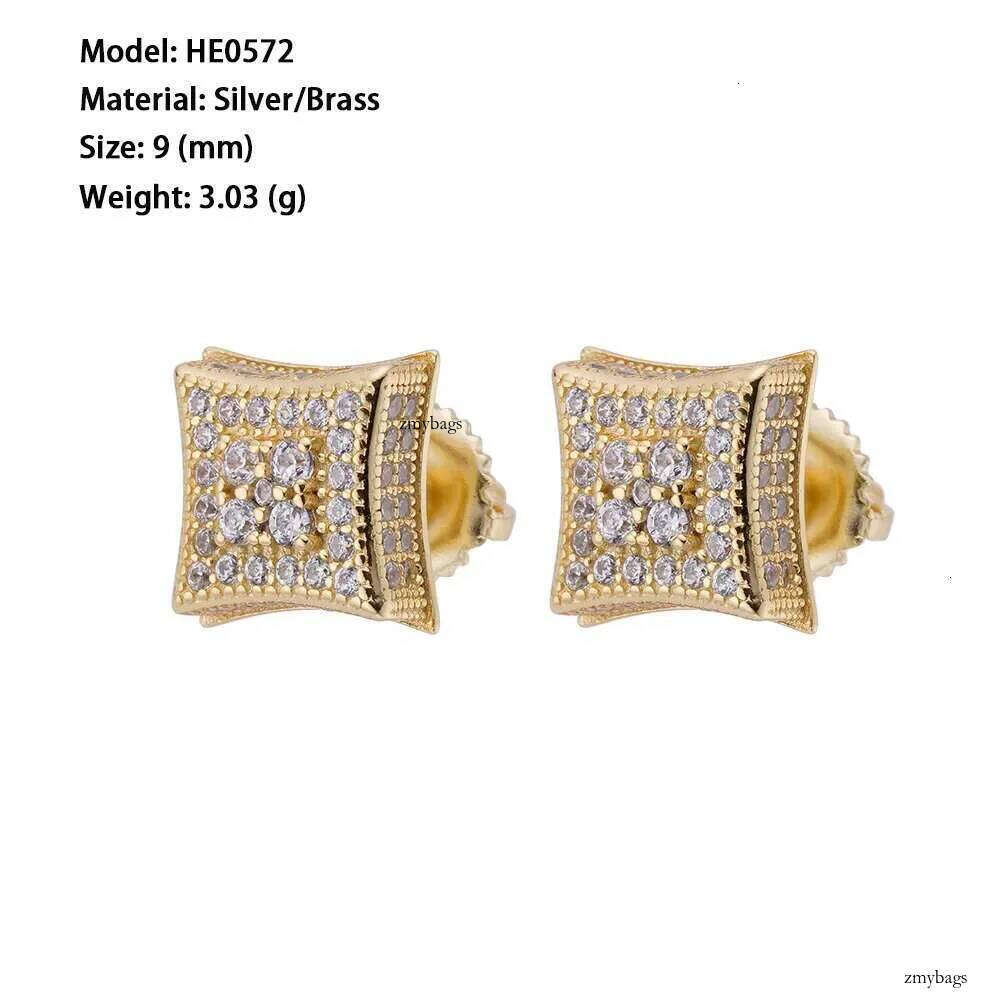 Hip Hop Fine Jewelry Large Gold Finished square Dia Zircon Crystal Stud Earrings for Men