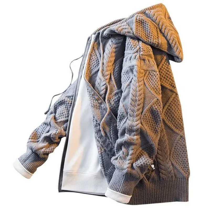 New Fashion England Style Hooded Streetwear Zipper Cardigan Autumn Winter Knitted Thick Sweater for Men with Hat Mens Clothing XJ250805