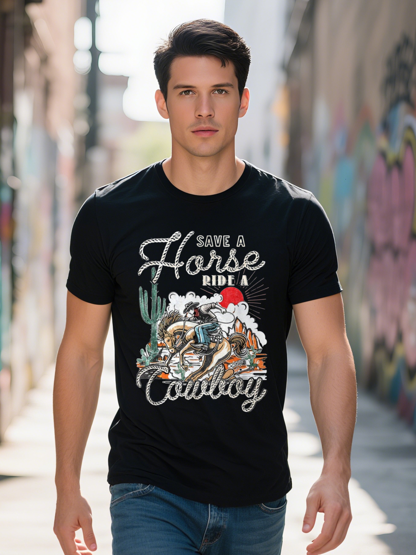 Men's 100% Cotton Graphic - Save Horse, Riding a Desert Cactus and Mountain Landscape Cowboy Design, Casual Western Style, Black, Short Sleeve, L