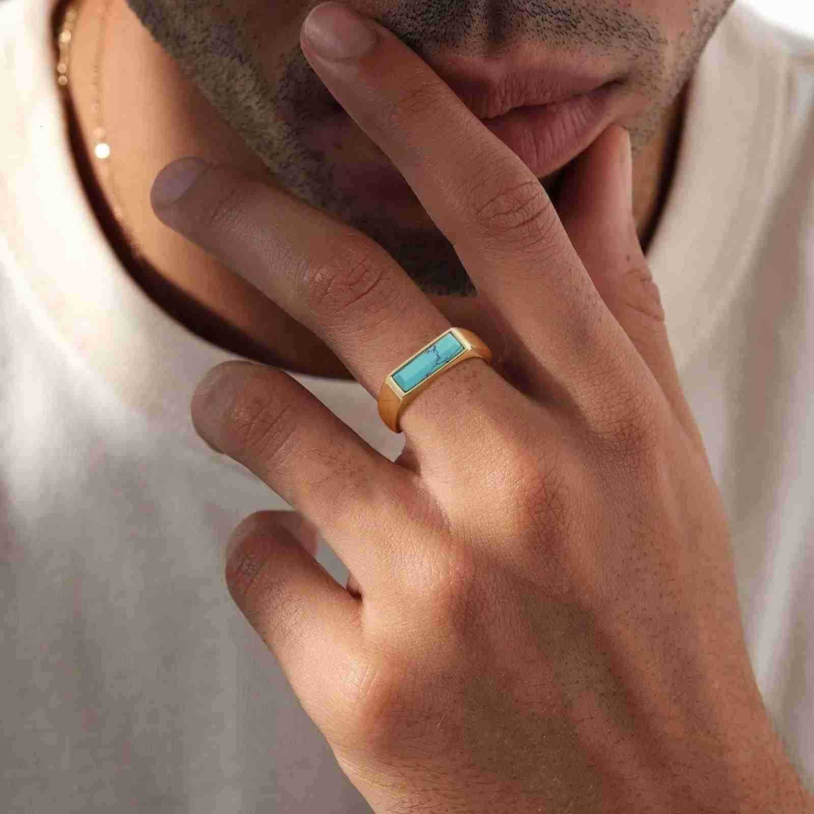 Natural Stone Signet Rings for Men Women Unisex Gold Plated Stainless Steel Finger Band Fraternal Ring Gift U250805