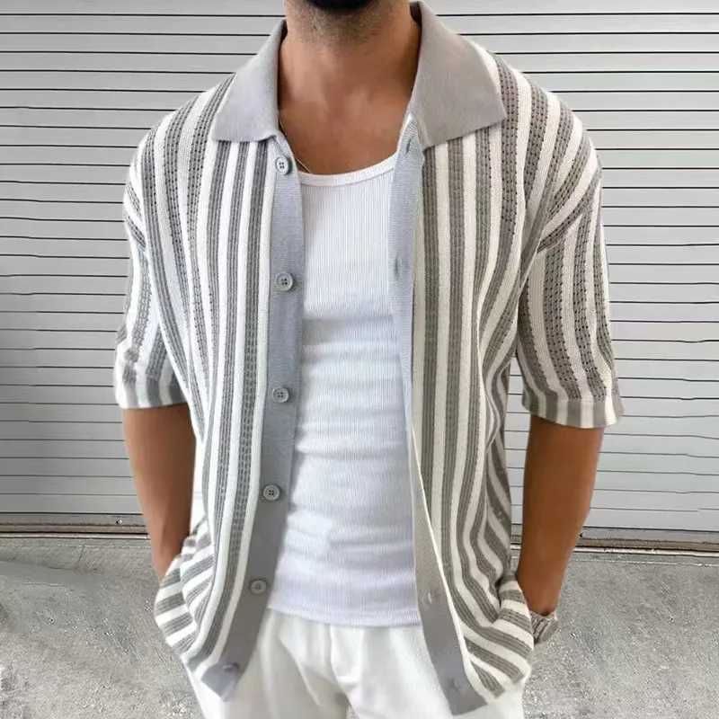 Summer Elegant Striped Mens Knitted Polo Shirts Short Sleeve Turn-Down Collar Button Cardigan Top Mens Casual Knitted Shirt XJ250805