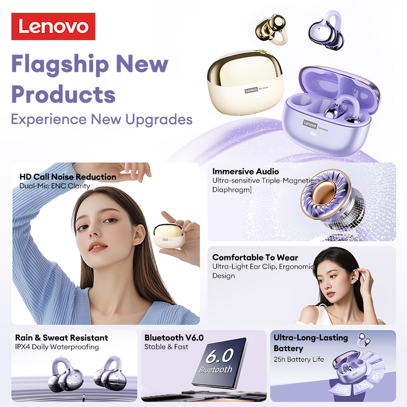 LenovoServices Wireless Fashion design Headphones Ear Clip Bluetooth 6.0 Headset Long Battery Life Sports Earphones HIFI Stereo IPX4 waterproof LE302