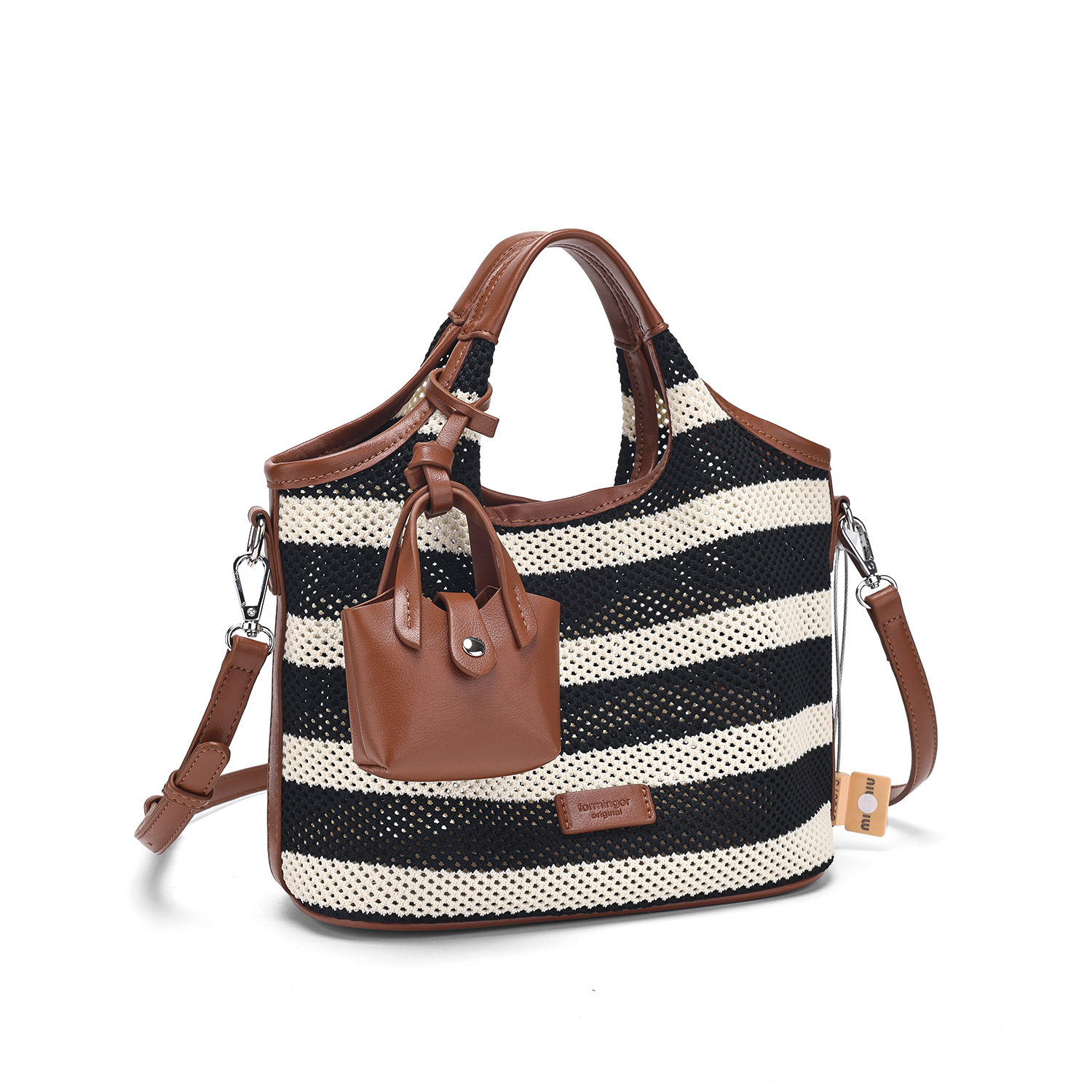 Black White Striped Tote 2025 New Style Large-Capacity Casual Hollowed-Out Beach Versatile Hand-Held Single-Shoulder And Crossbody Bag