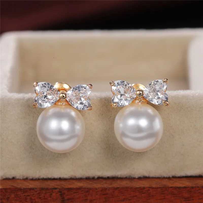 80s Simple Fashion Imitation Pearl Stud Earrings Girls Gold Color Bow Aesthetic Jewelry Hot Sale Earrings for Women Drop Ship Y250804