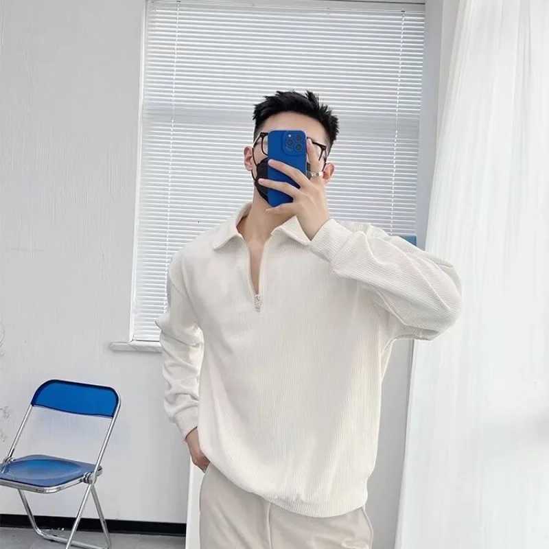 New Half-zip Sweater Mens American Retro Loose Casual Design Niche Top Solid Color Pullover Shirt XJ250805