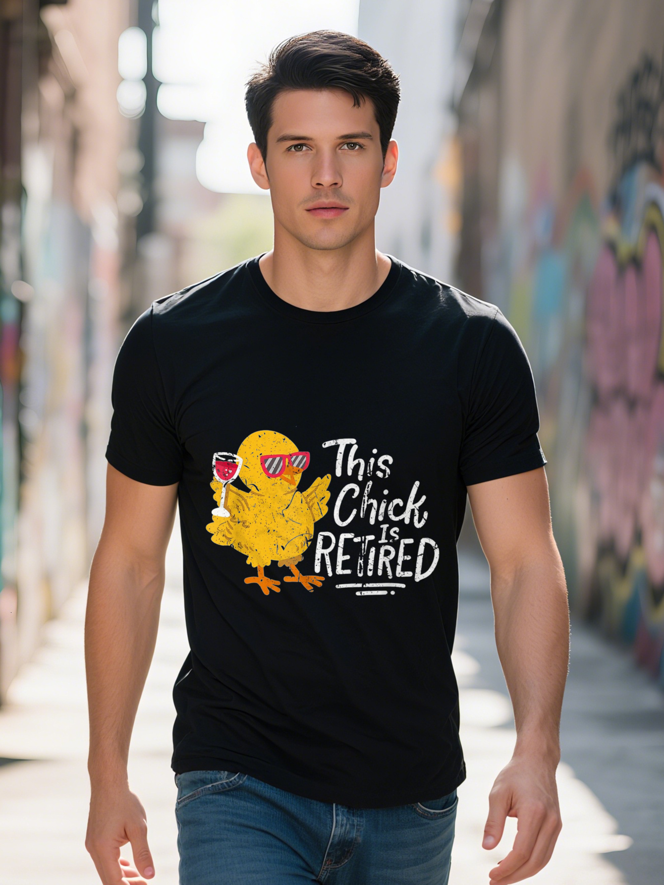 1Pc Men's Casual Cotton Graphic of Retired Chick - Sailor Collar, Short Sleeve, Regular Fit, All-Season Knitted Fabric T-Shirt with Slight Stretc