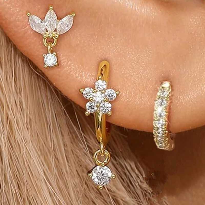 3PCS Stainless Steel Gold Color Circle Hoop Earrings Set for Women Simple Zircon Flower Stud Earring Cartilage Piercing Jewelry Y250804
