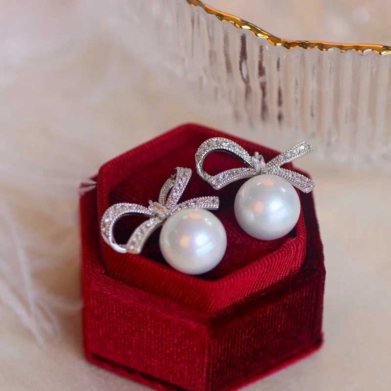 Classic Wedding Party Jewelry Luxury Cubic Zirconia Bowknot Stud Earrings Sweet Simulation Pearl Earring for Women Hot Sale Y250804