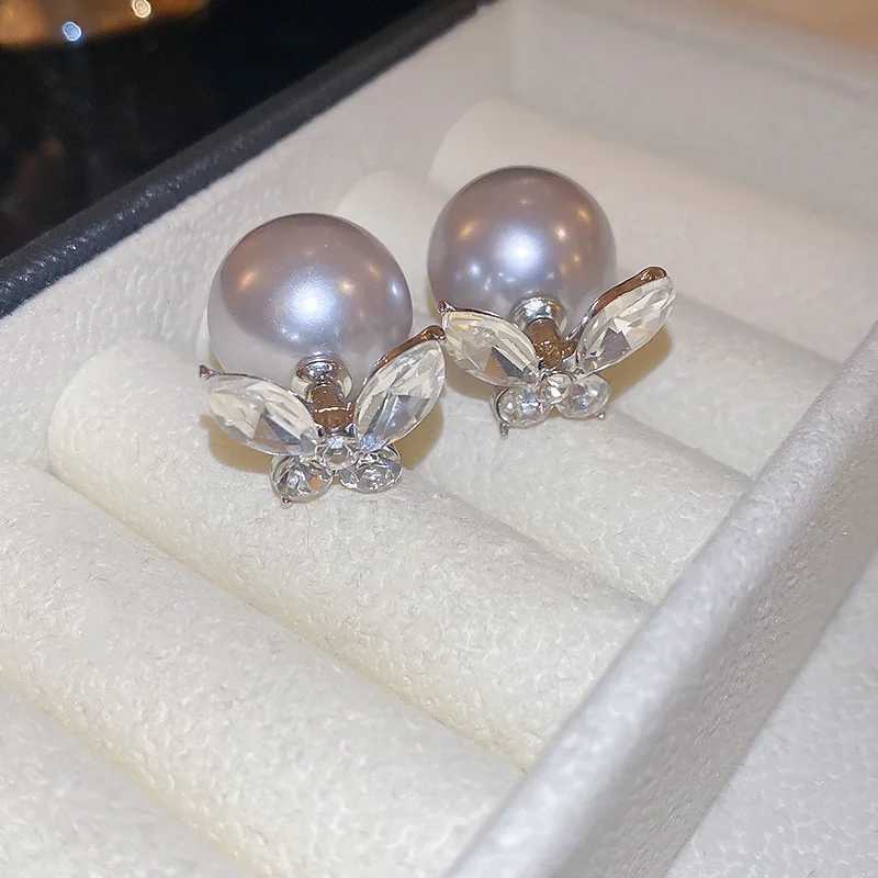 Rhinestone Butterfly Pearl Double-sided Stud Earrings Simple Temperament Earrings for Women Design Light Luxury Sparkling Jewelry Y250804