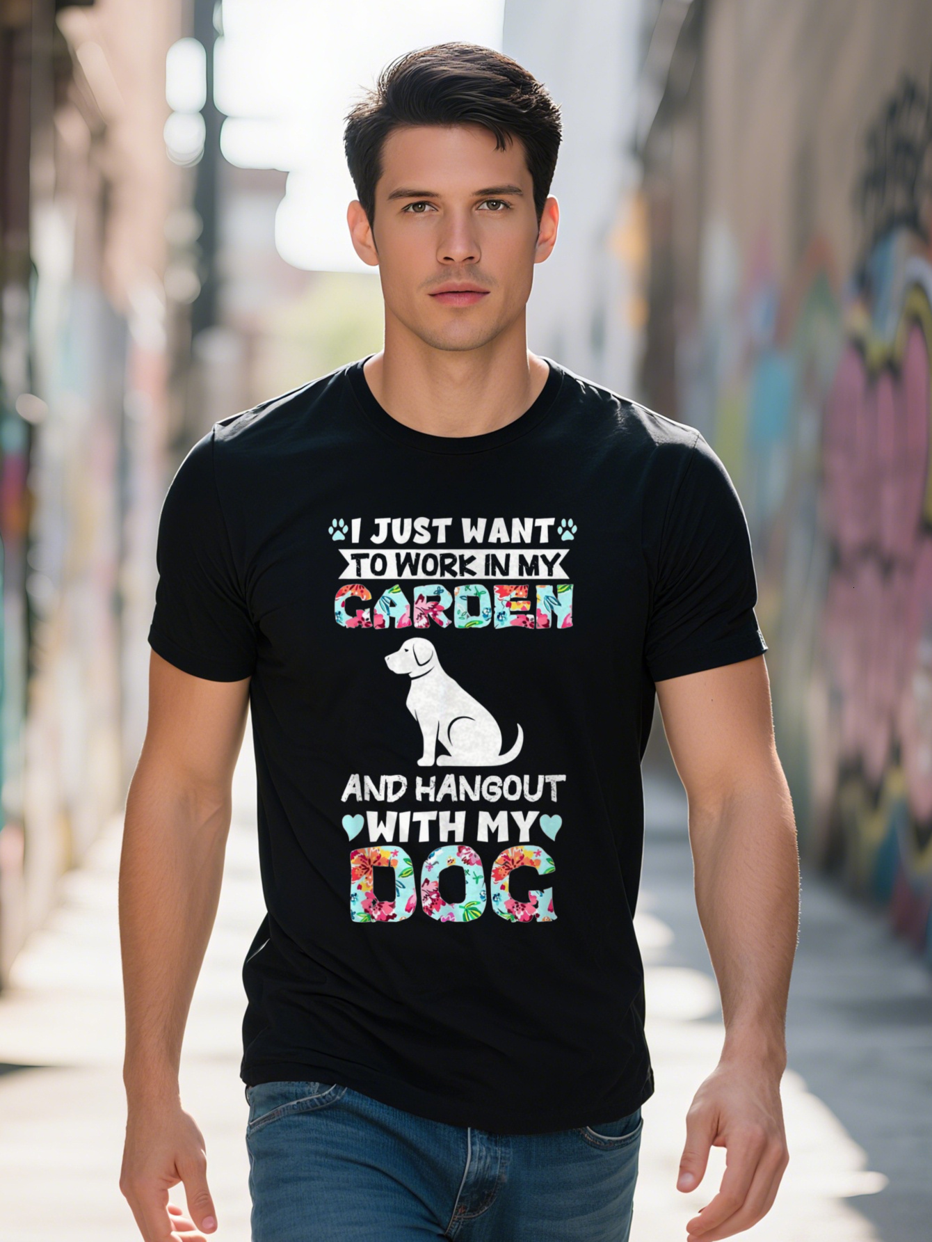 Men's 100% Cotton T-Shirt - Hangout My Funny Graphic T-Shirt, Short Sleeve, Black, Floral Dog Design, Lightweight and Breathable, Suitable for Ca