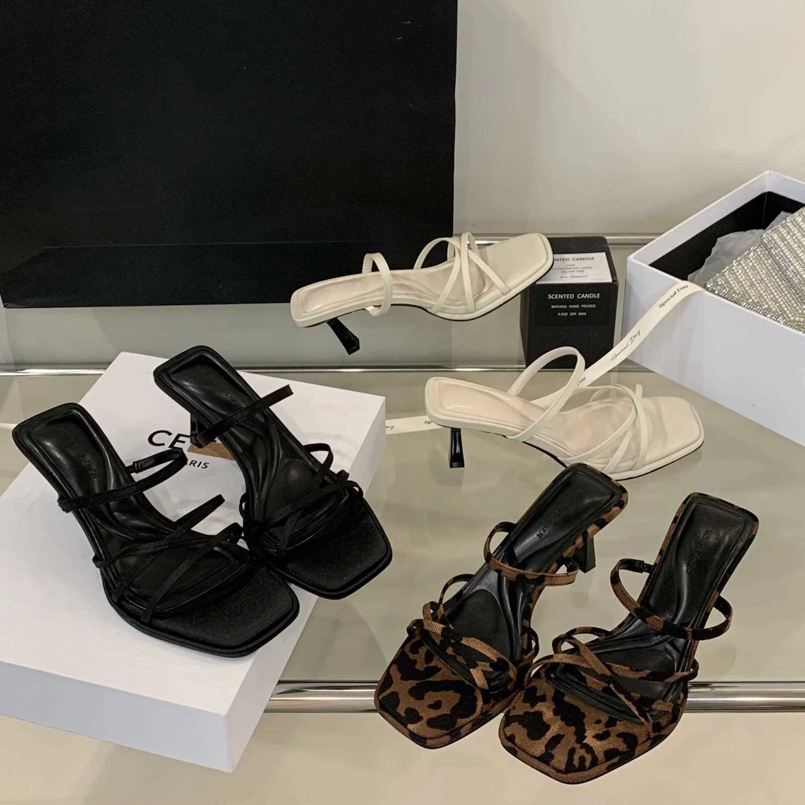 Fashion Ladies Summer Sandals Sexy Open Toe Spaghetti Strap Party Wedding Black Leopard Comfortable Mid Heel Women Sandals W250805